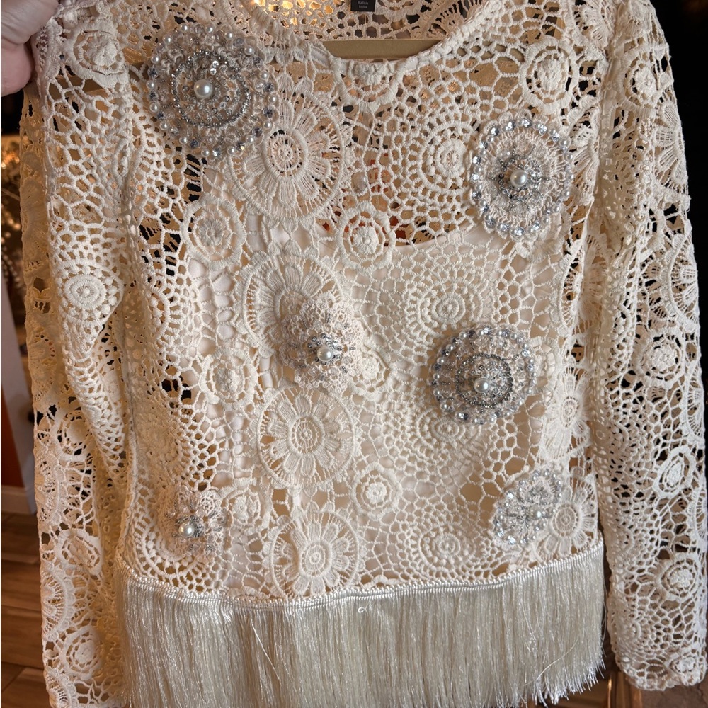 Chic Cream Lace Blouse with Silver Accents